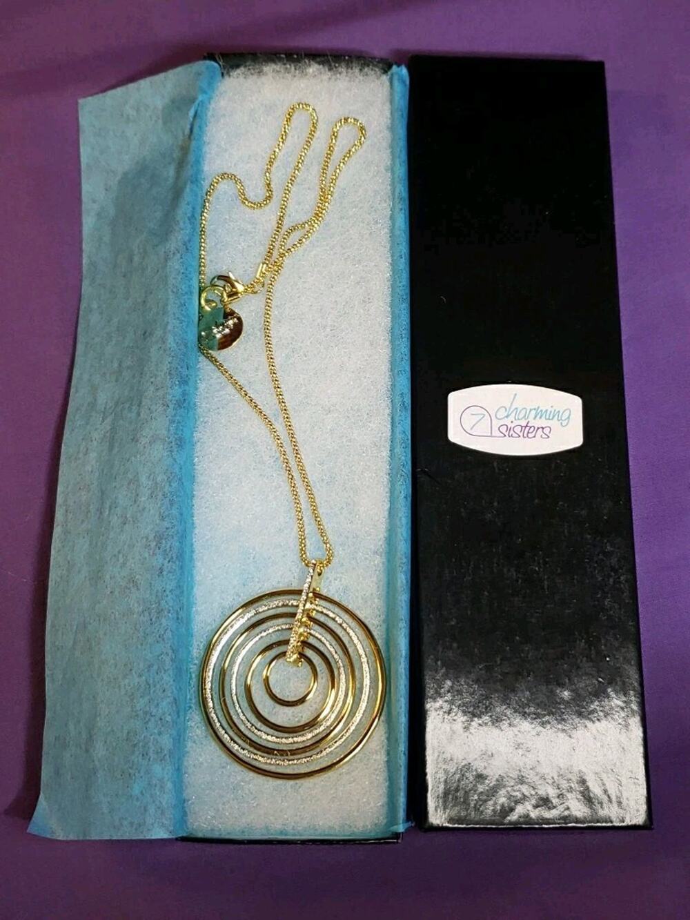 Two Tone Concentric Circles Pendant Chain Necklace Rhinestone Silver & Gold Tone